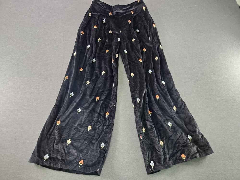 Cider Pants Womens Large Black Corduroy Wide Leg Embroidered Floral Pull On